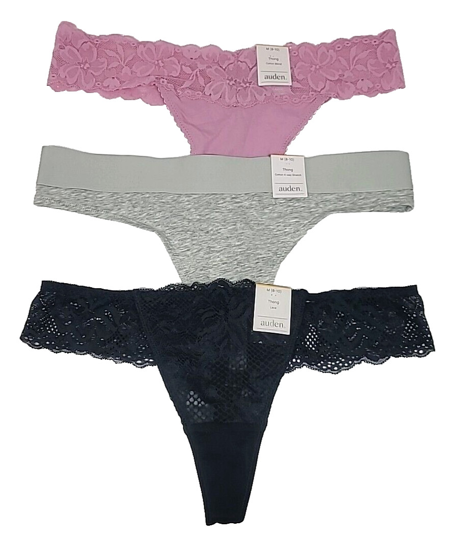 Auden Thong Panties Size M Pink & Black Lace, Heather Gray Cotton 4-way Stretch