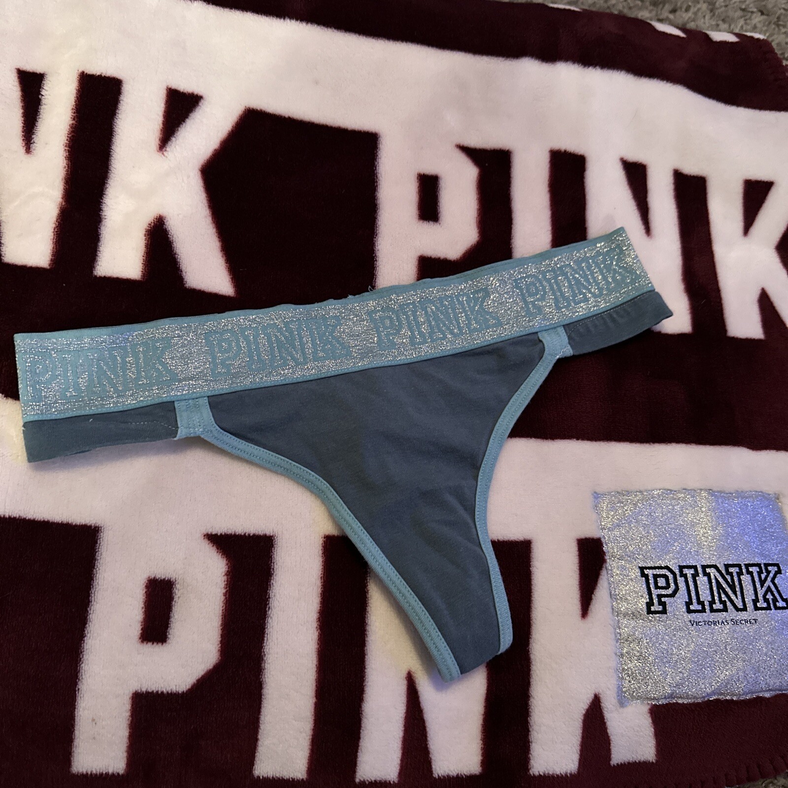 TRUE VINTAGE VICTORIA SECRET PINK LOGO THICK GLITTER WAISTBAND BLUE SM THONG