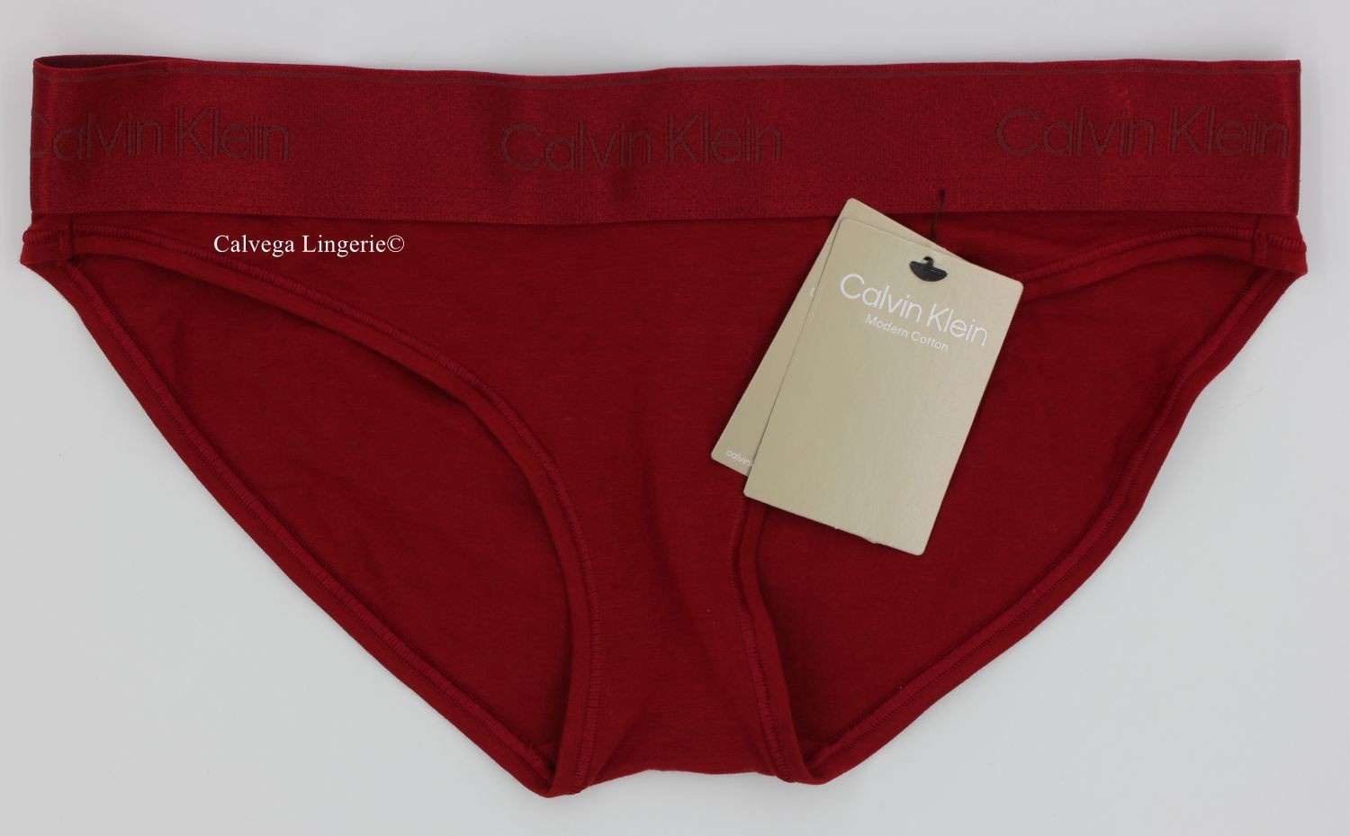 NWT Calvin Klein QF7999 “Holiday Shine” Logo Org. Cotton Modal Bikini, Dark Red