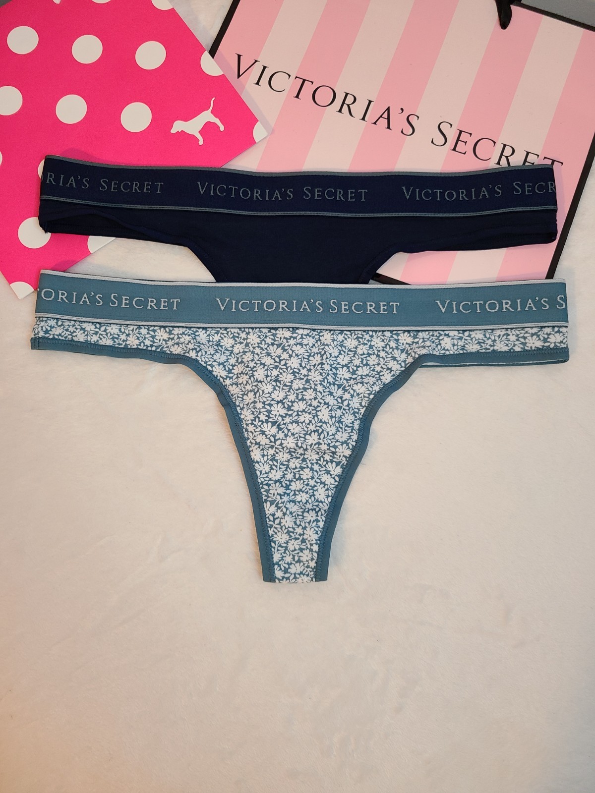 NWT Victoria’s Secret 2pk Logo Band Cotton Classic Thong Panties Size Sm Blue