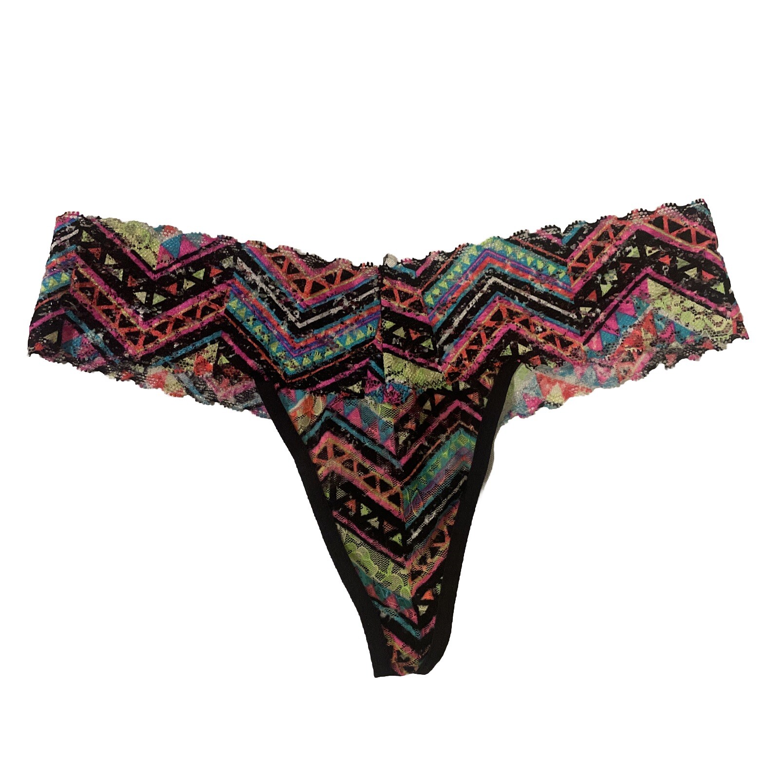 Victoria’s Secret PINK Aztec Geometric Thong Black Neon Lace