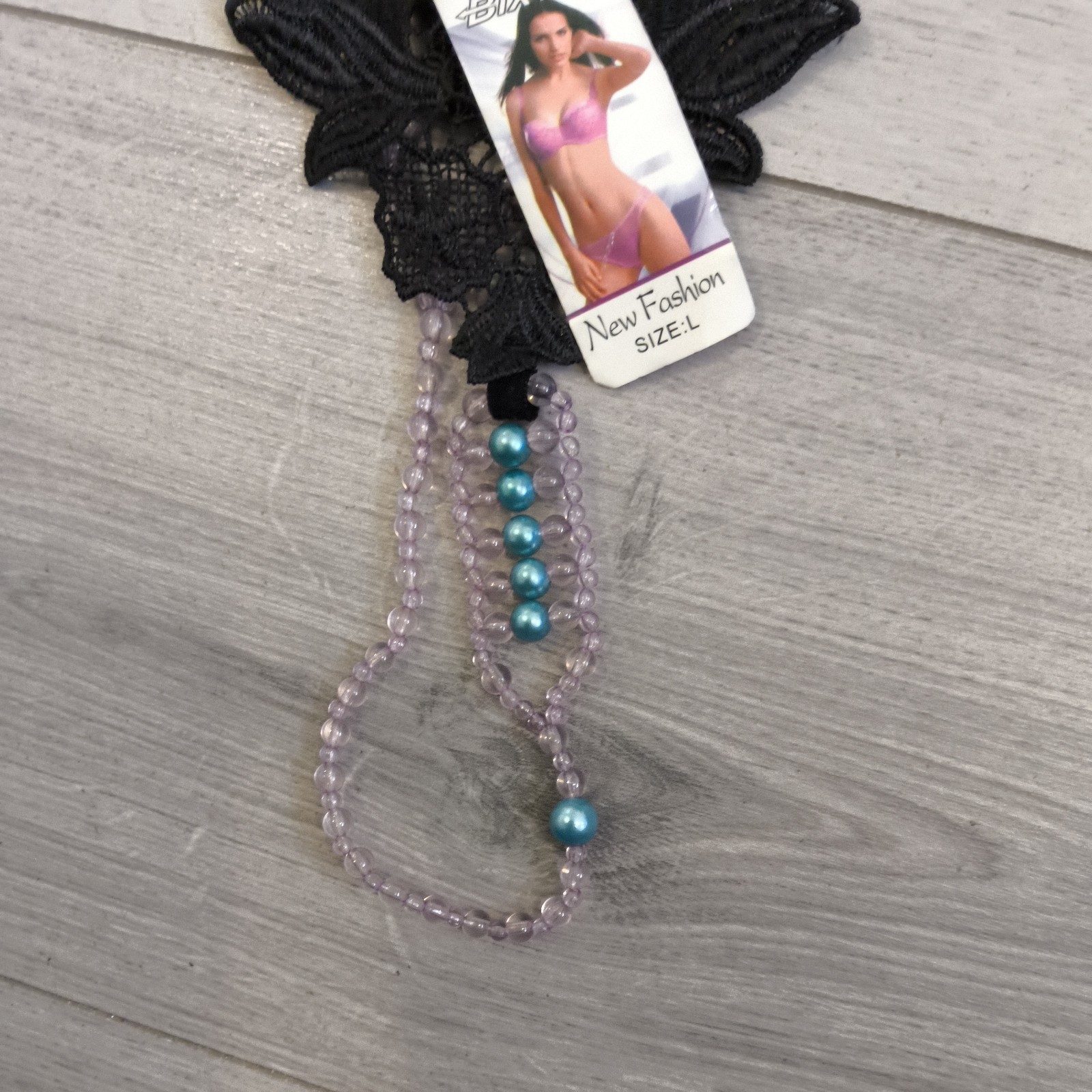 BNWT Bixtra Black Embroidered G String Thong Bead Chain Crotch Size 6-8