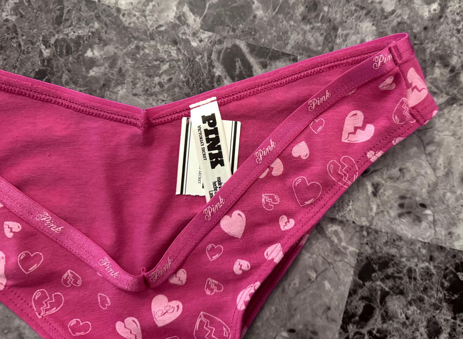 NWT VICTORIA’S SECRET PINK BROKEN HEART LOGO BAND V STYLE TANGA CHEEKY PANTIES