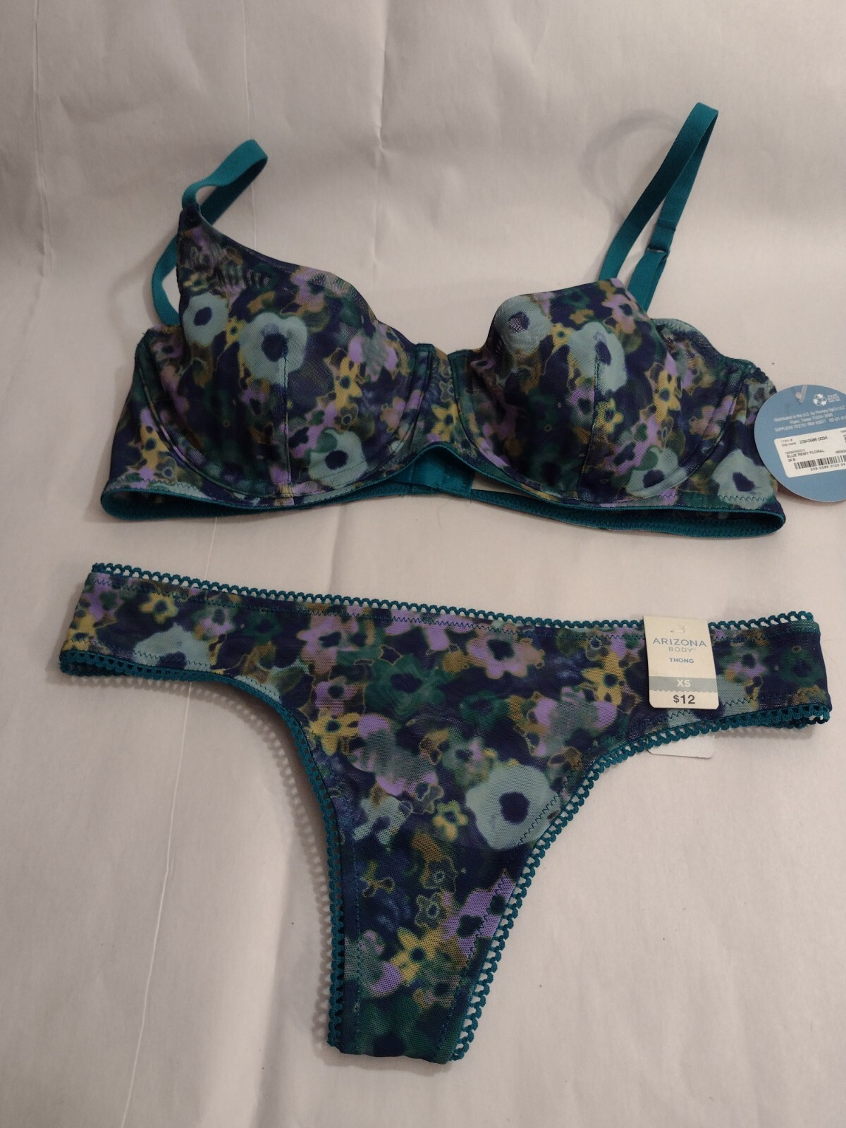 Arizona Body Blue Remy Floral Lingerie Bra & Panty Set 2 Piece