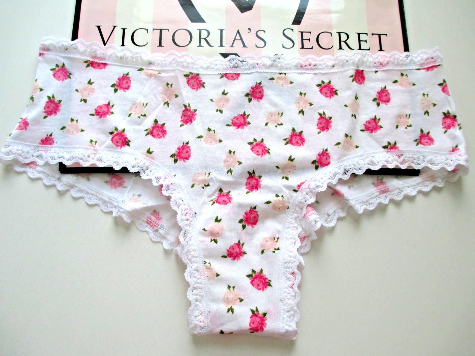 VICTORIA’S SECRET Cotton Cheeky Panty M L XL White Floral Pink NWT Lace Trim VS