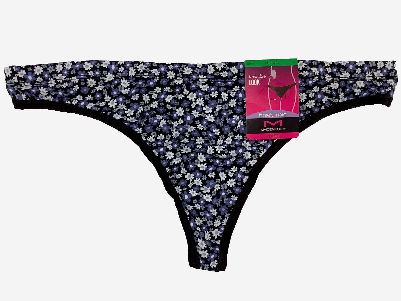 MAIDENFORM Barely There Invisible Flower Pattern Blue White Gray Black Thong L/7