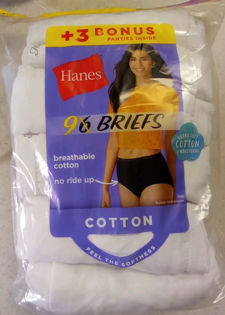 Hanes 9 Women’s Briefs Breathable Cotton No Ride Up Panties Size 6 White Color