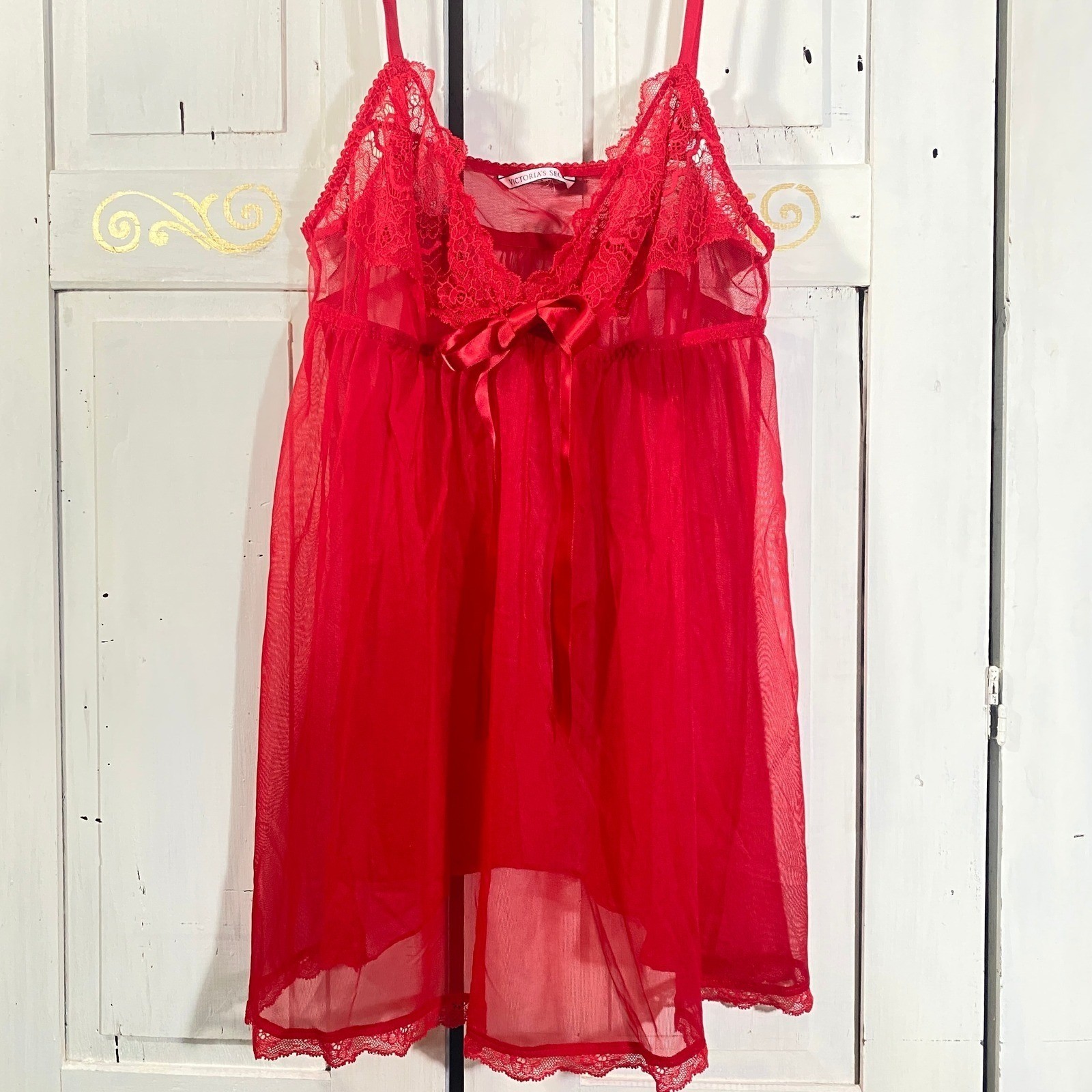 Victoria’s Secret Sexy Red Lace Chiffon Babydoll Nightie Medium Ribbon Sheer