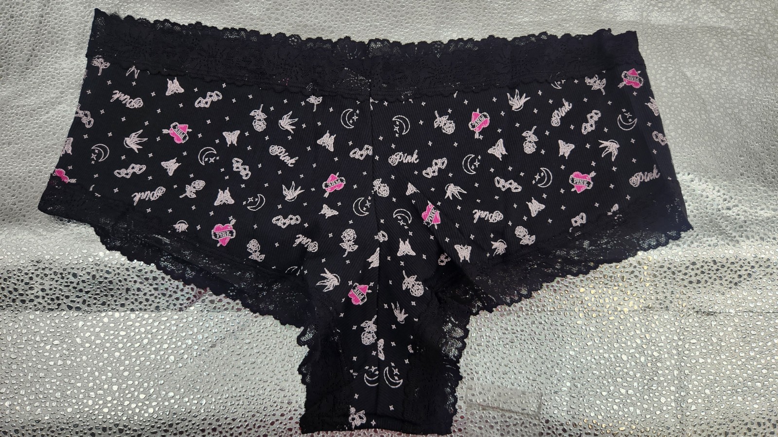 Victoria’s Secret XXL Black Graphic Print Wink Lace Trim Cheeky Panty NWT