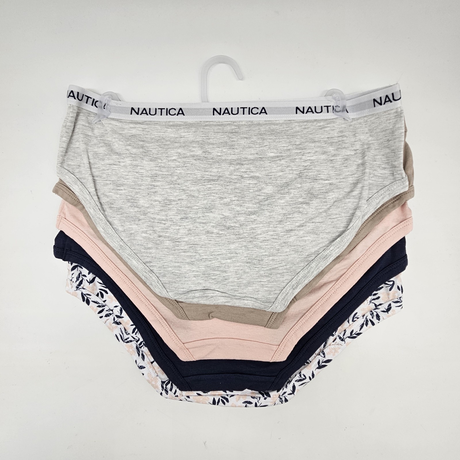 NAUTICA Women L XL 5 Pack Logo Cotton Hipsters Panties Gray Beige Navy White