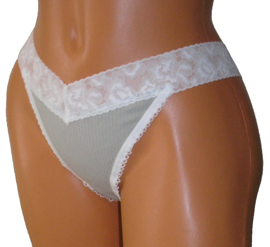 Panties Lingerie Light Gray Ribbed Lace Trim Thong, XL Adult Gift