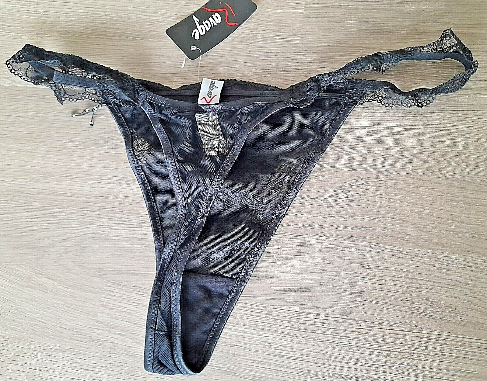 Ravage ACANTHUS Black Satin/Lace/Mesh REDOUTER String Sided Thong