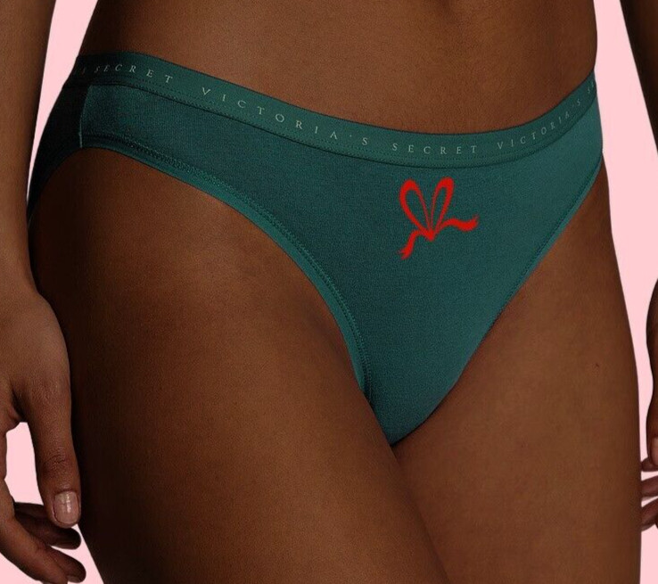 M Deep EverGreen w Graphic Red Bow Stretch COTTON Victoria’s Secret BIKINI Panty
