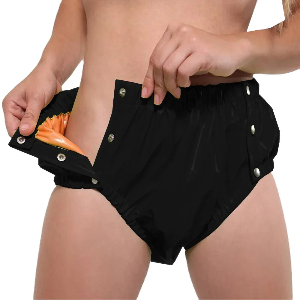 Shiny PVC Leather Double Layer Splicing Panties Button-up Elastic Waist Panties