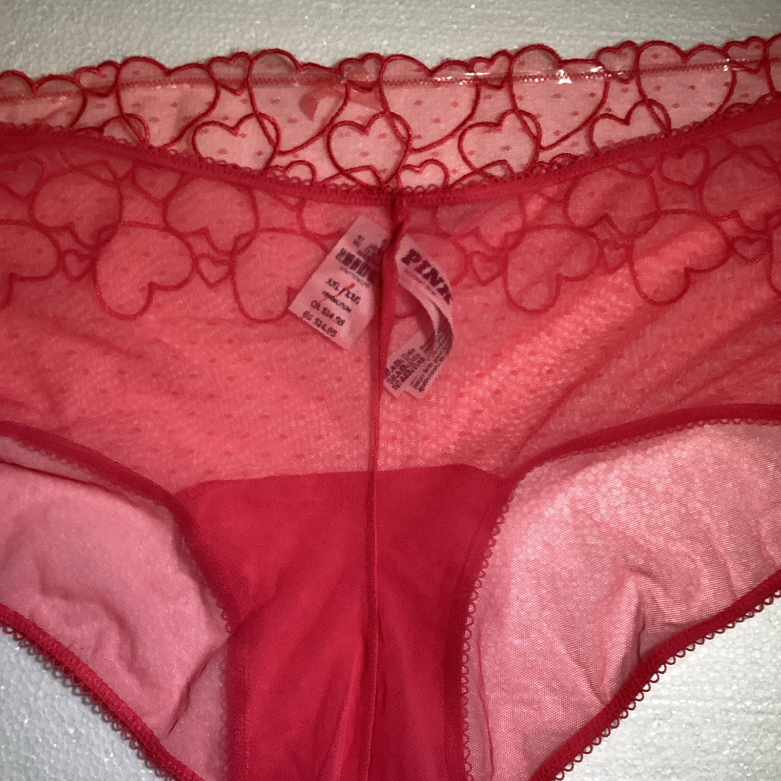 PINK Women’s Pink Sheer Stretch Mesh Heart Pattern Hipster Panties, Size L