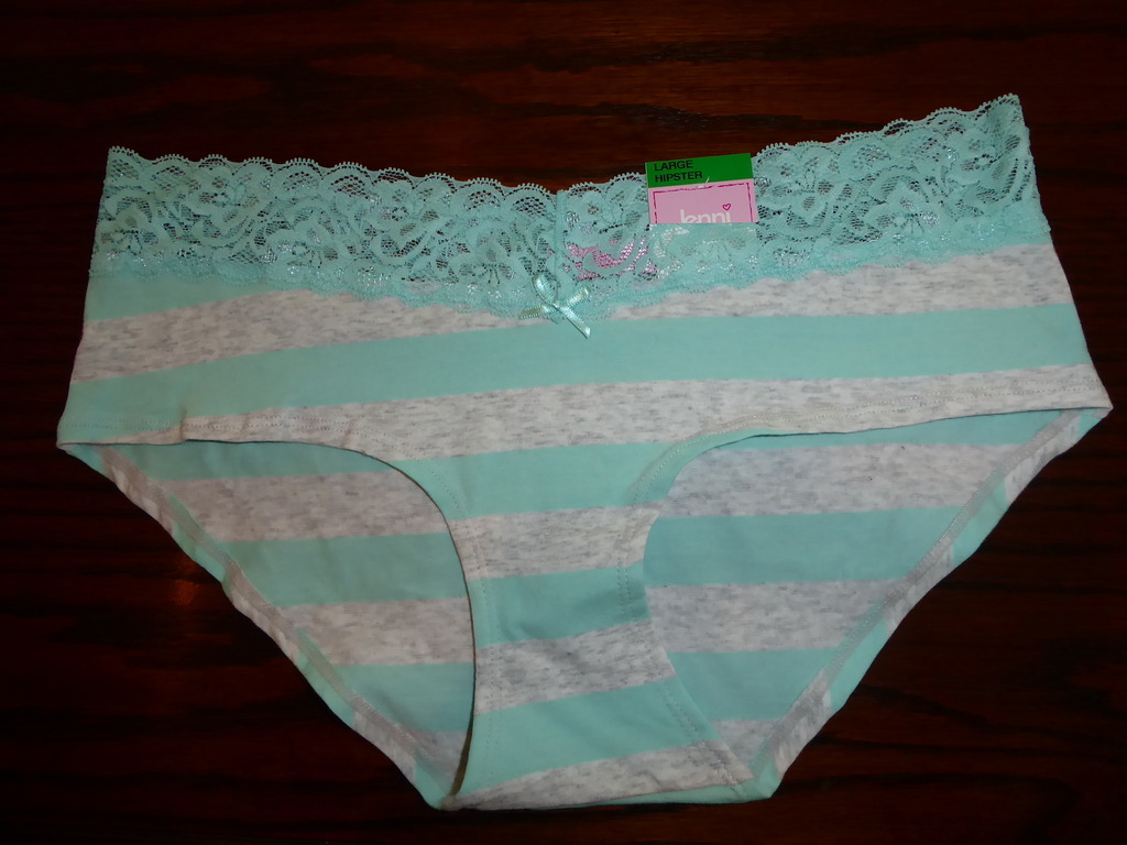 NWT JENNI COTTON SPANDX HIPSTER BOYSHORT PANTIES LACE WAISTBAND grey/mint stripe