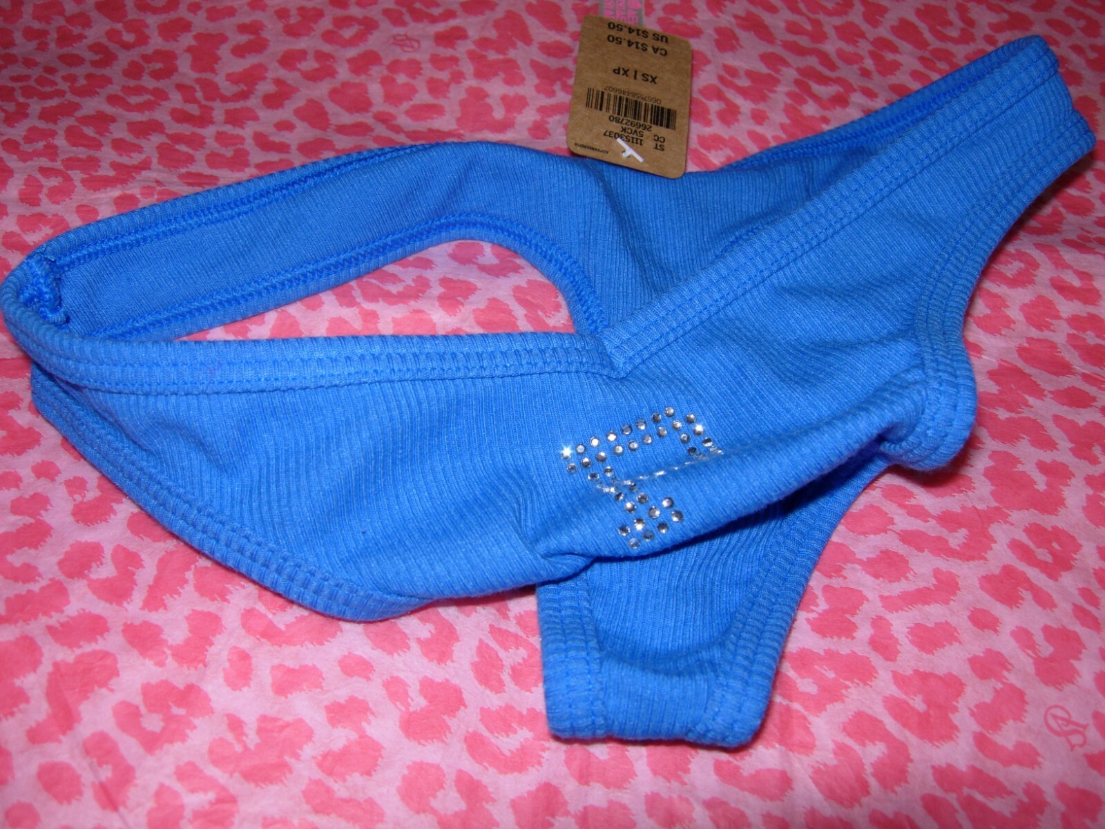 Victorias Secret PINK Sexy Thong String V-Cut LOGO Beach Blue Shine Bling NWT