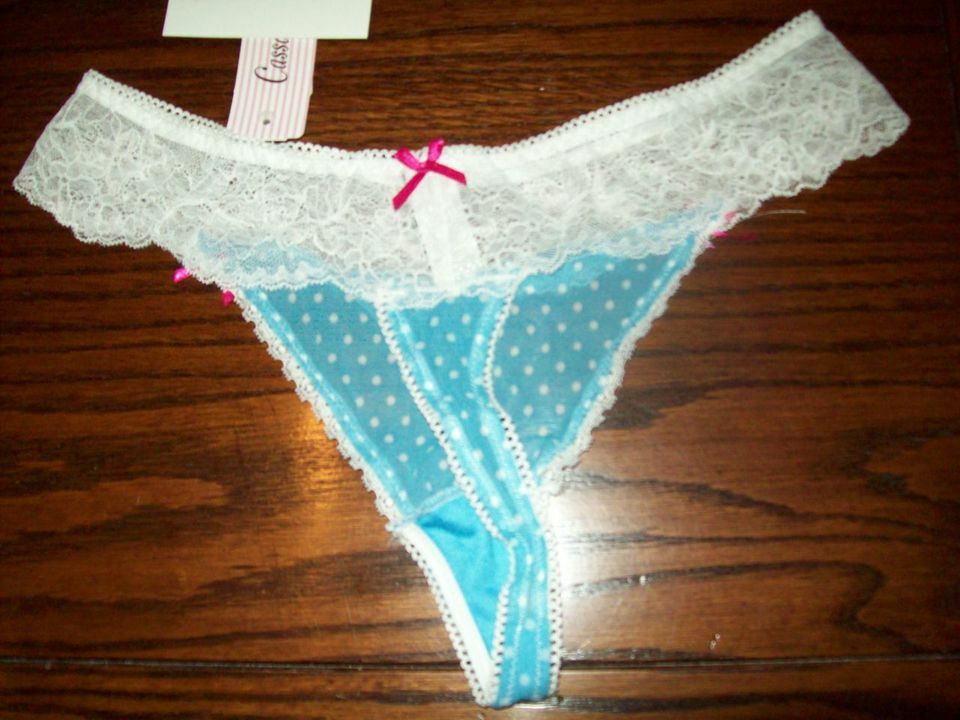 NWT CASSANDRA LACE & MESH THONG PANTIES B5032 CHELSEA BCD BLUE DOT L