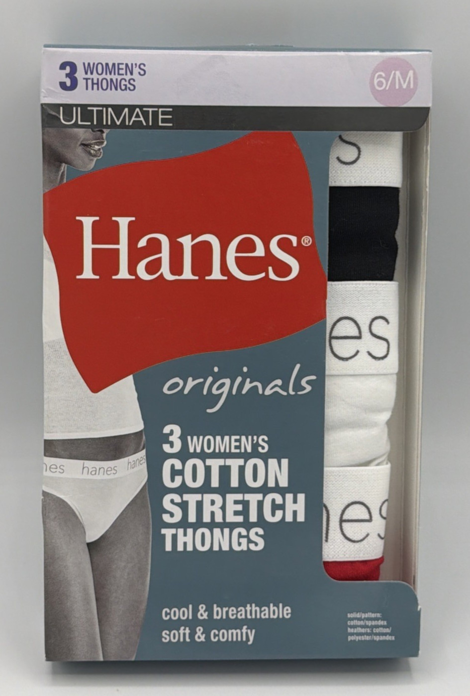 HANES 3 PK Originals Women’s Breathable Cotton Bikini Underwear Sz M/6 Red Black