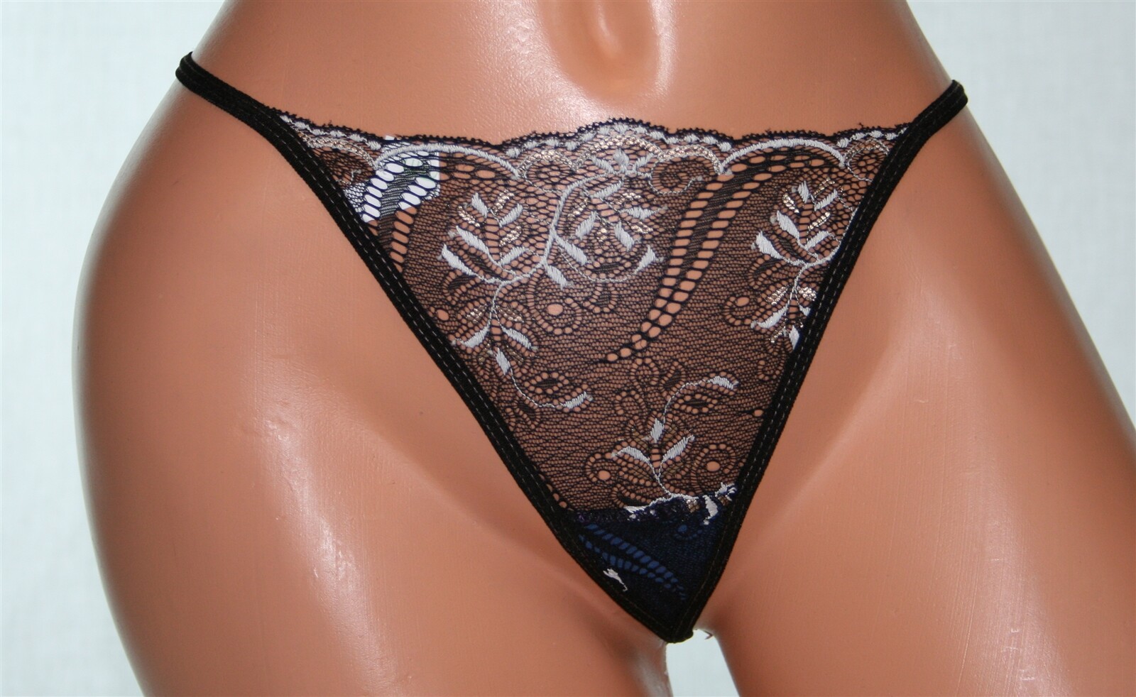 Black Sheer Lace Thong with White & Beige Leaves & 2 colour Stitching Free Size