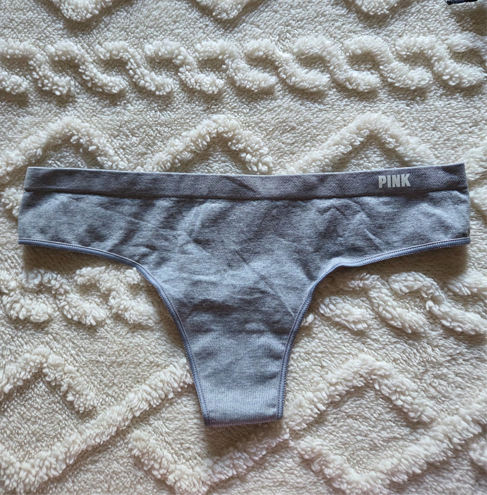 Victoria Secret Pink gray thong no-show panty logo branded waistband XS XP