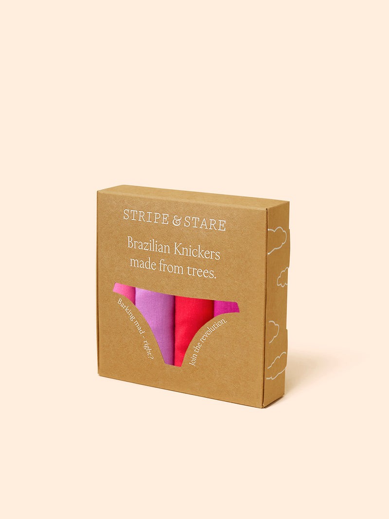 Stripe and Stare Pink Cosmos Contrast Brazilian Knickers 4 Pack Gift Boxed