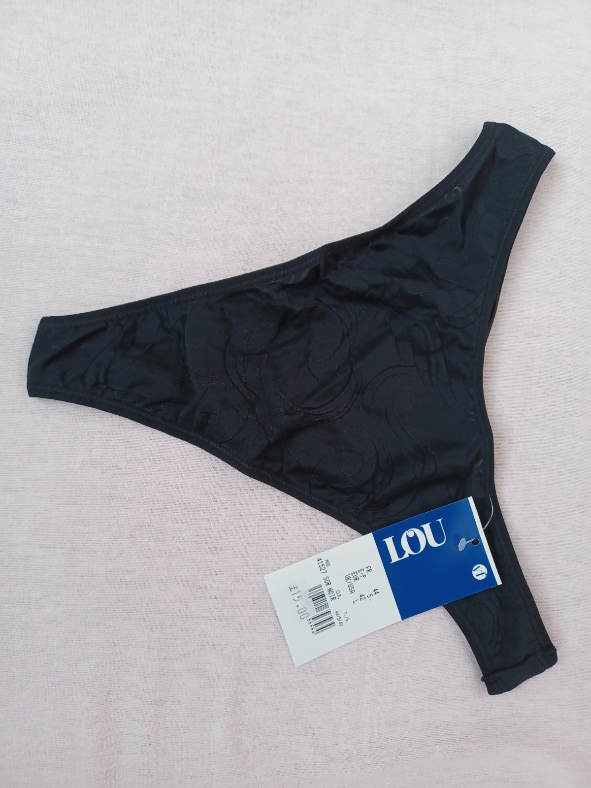 LOU Paris Lingerie Beautiful Black Stretch Satin Swirl Pattern Thong Sizes M L