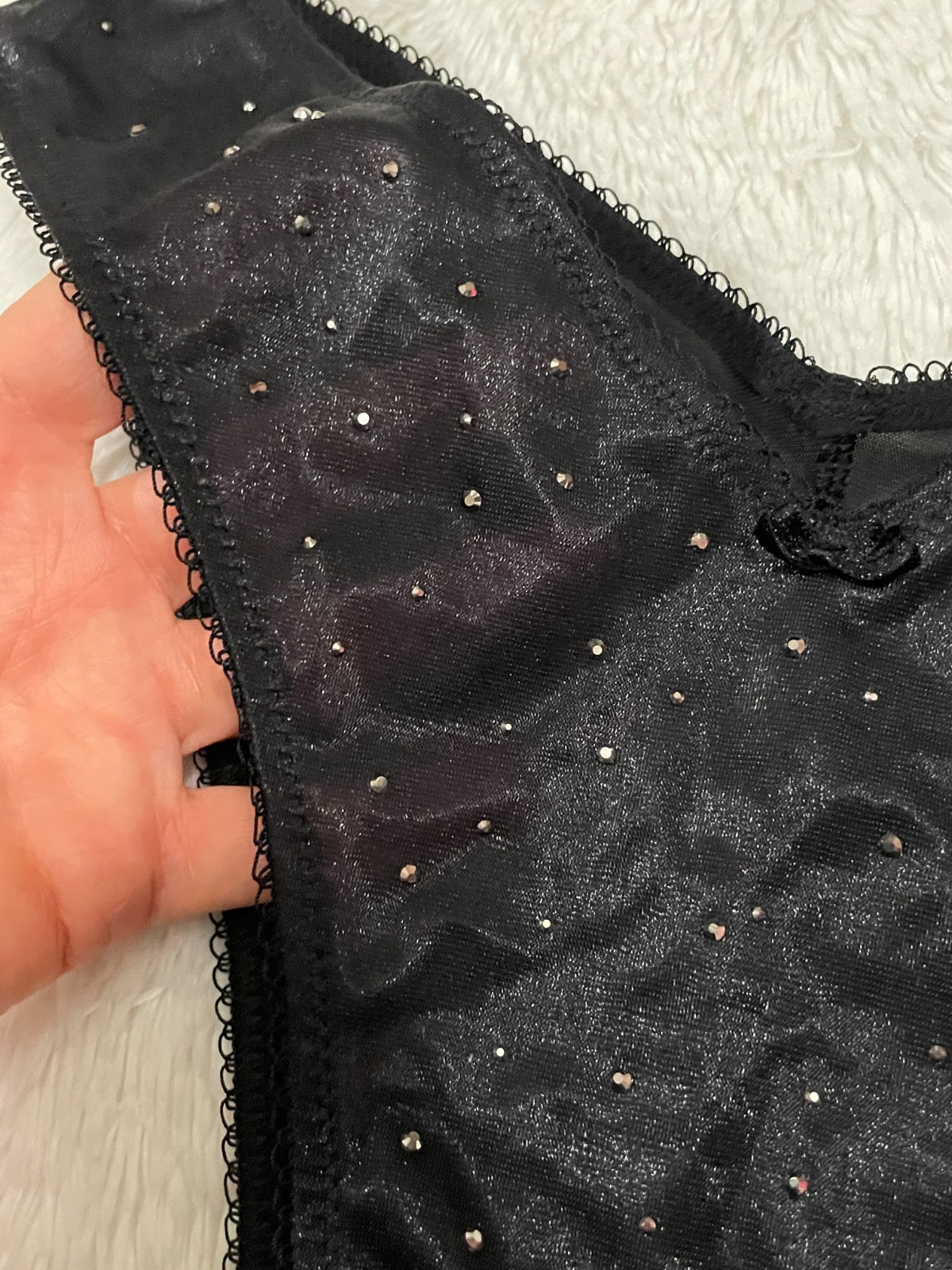 VICTORIA’S SECRET Crystal Shimmer Brazilian Panty RHINESTONE Silky Black V-Cut S