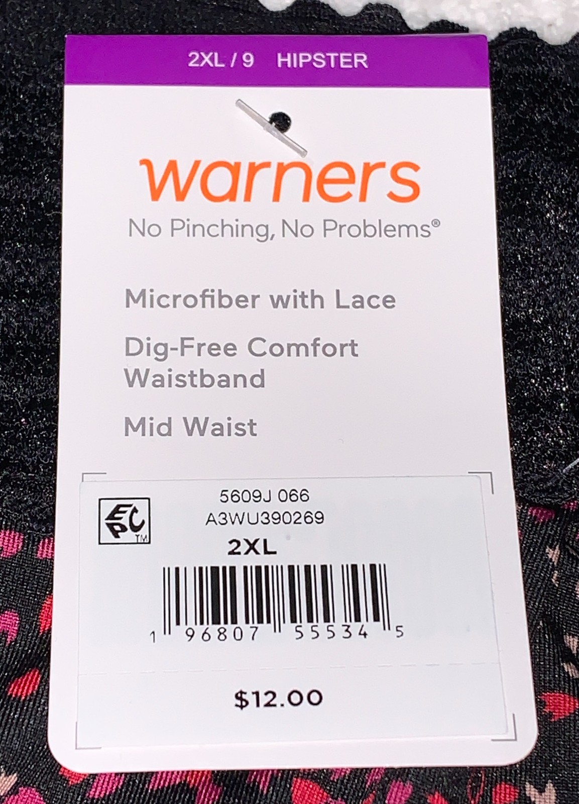WARNERS No Pinching No Problems Lace Black Leaves Hipster Panty Womens S M XL 2X