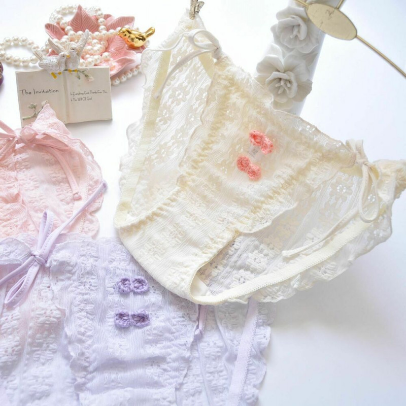 3pcs Womens Panties Ruffle Frilly Panties Bow Deco Straps Side Tie Panty Korean