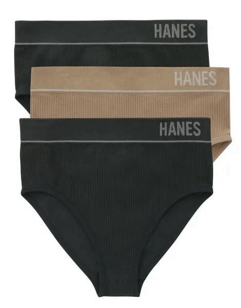 Hanes Originals Women’s Seamless Rib Bikini Underwear~Blk & Tan~3 Pk~Small~NWT