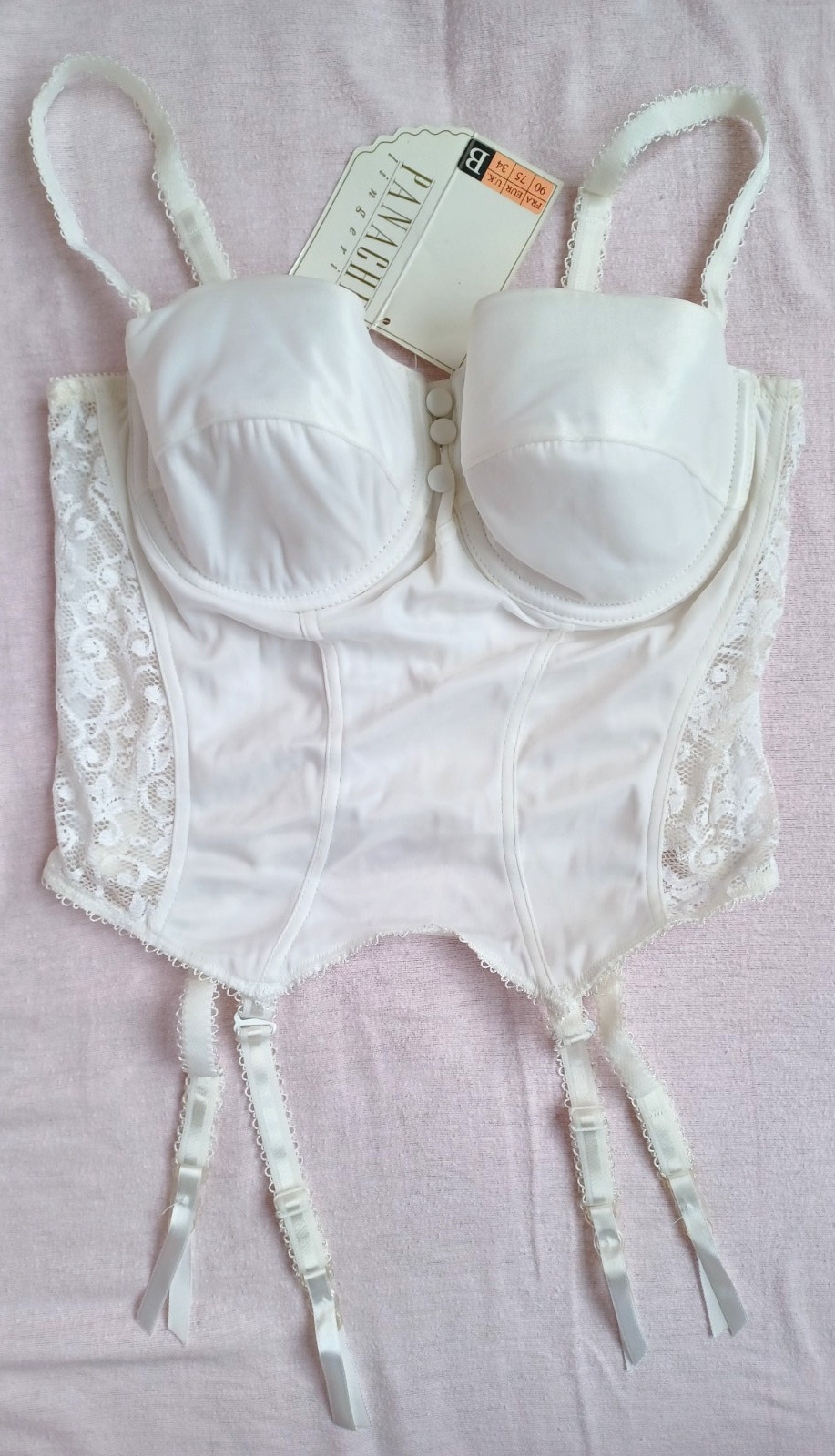PANACHE Lingerie Beautiful Cream Smooth Satin Side Lace Suspender Basque Sze 34B