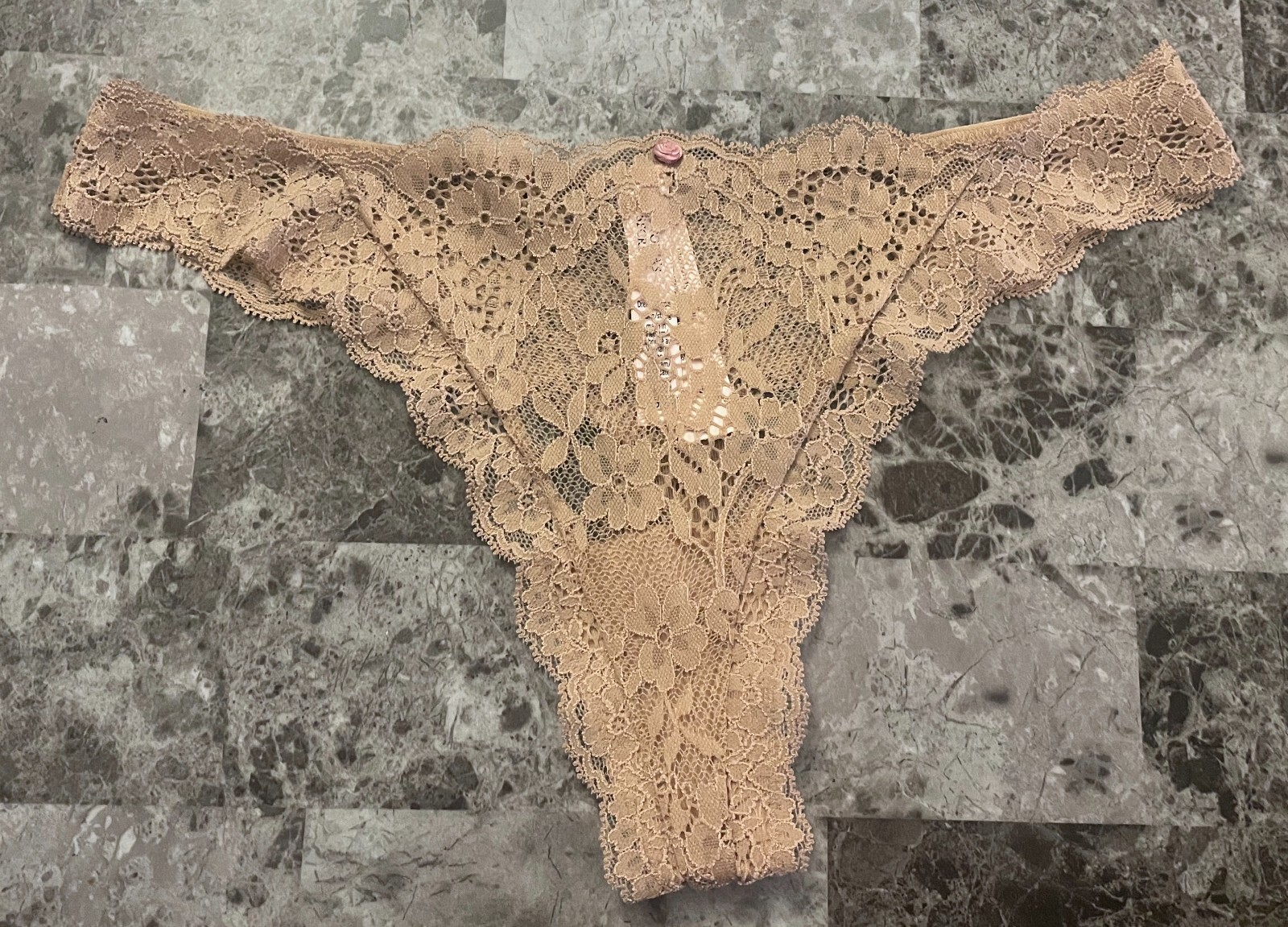 NWT VICTORIA’S SECRET LARGE BEIGE NUDE PINK ROSE FLORAL APPLIQUE THONG PANTIES