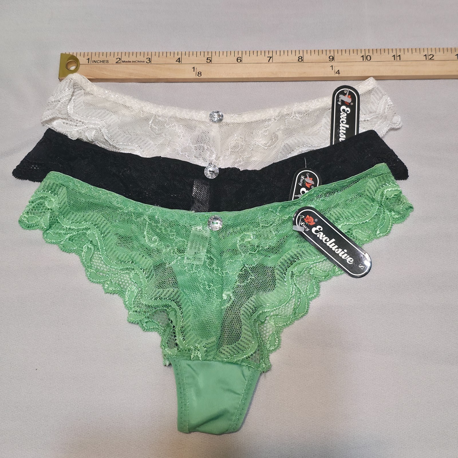 3 Exclusive Lace Thong Green, White & Black Panties Underwear Size Small NWT