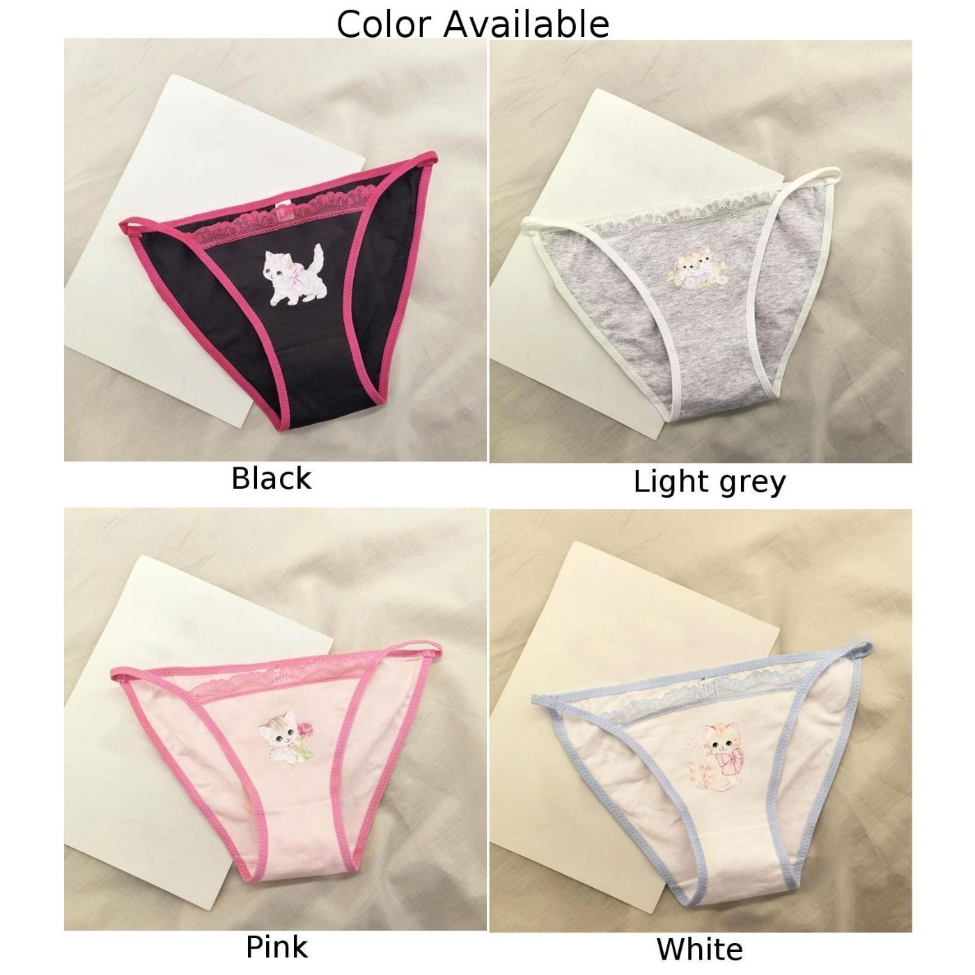 Womens Retro Y2K Cat Thong Cotton Underwear Japanese Sweet Style Lace Trim