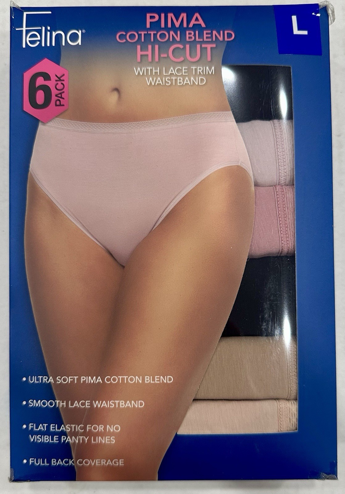 Felina Women’s 6-Pack Pima Cotton Hi-Cut with Lace Trim Panties, Multicolor, L