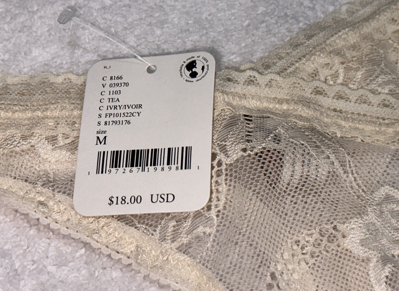 FREE PEOPLE Floral Lace High Cut Ivory Tea Thong Panty Womens XS 4 S 5 M 6 L 7