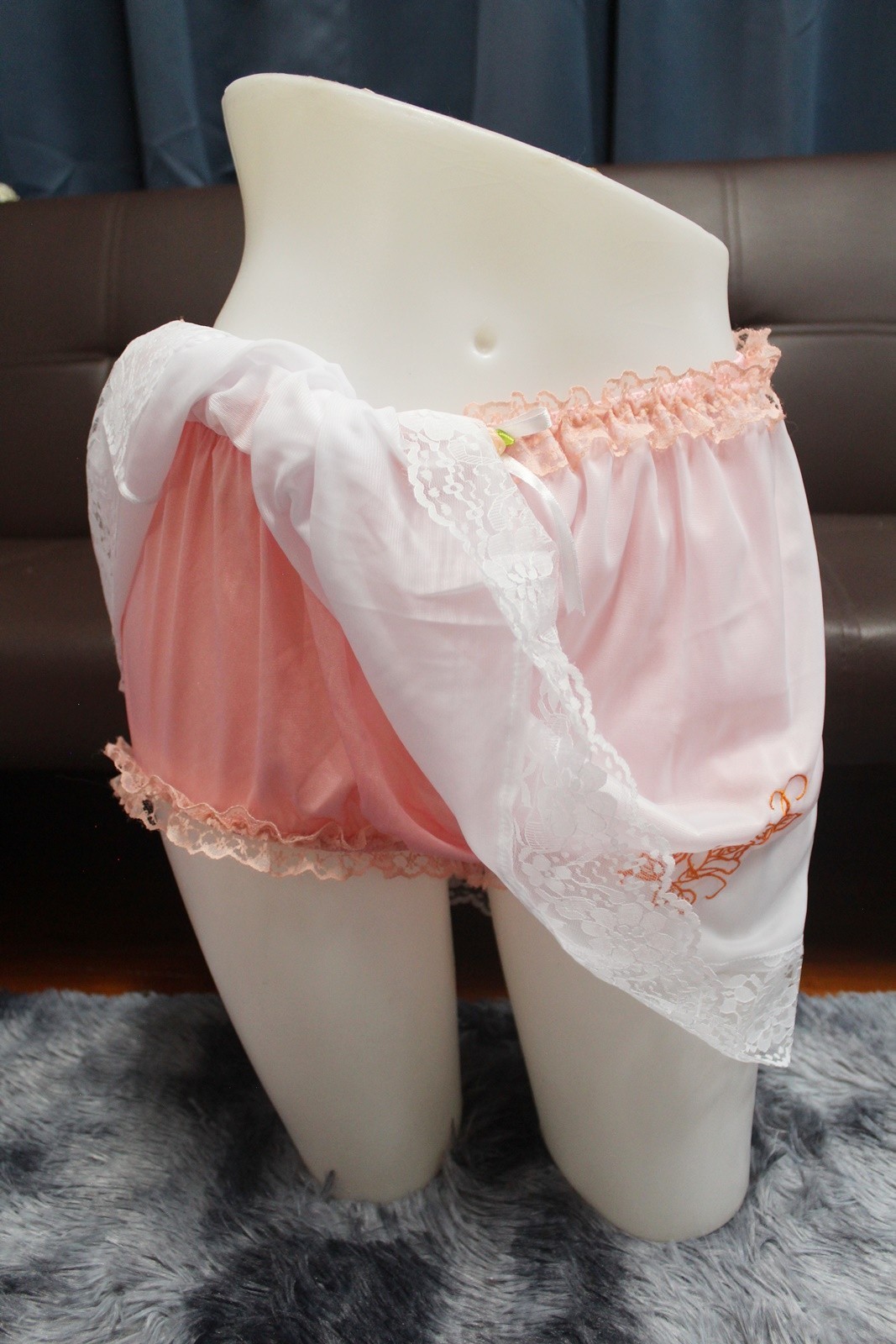 #A97 2XL/ElasticW.24-44″ 2in1 Orange Nylon Full Brief + White Half Slip 15″