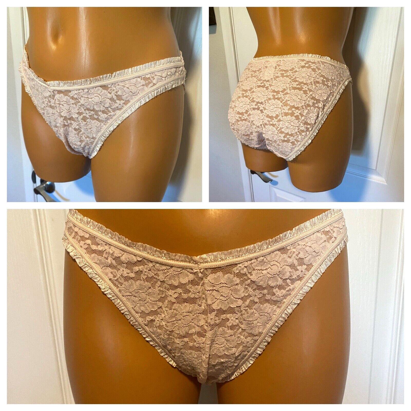 HILLARD & HANSON PINK LACE W/ PETITE RUFFLE TRIM HI-CUT BIKINI PANTIES SZ 8 – M