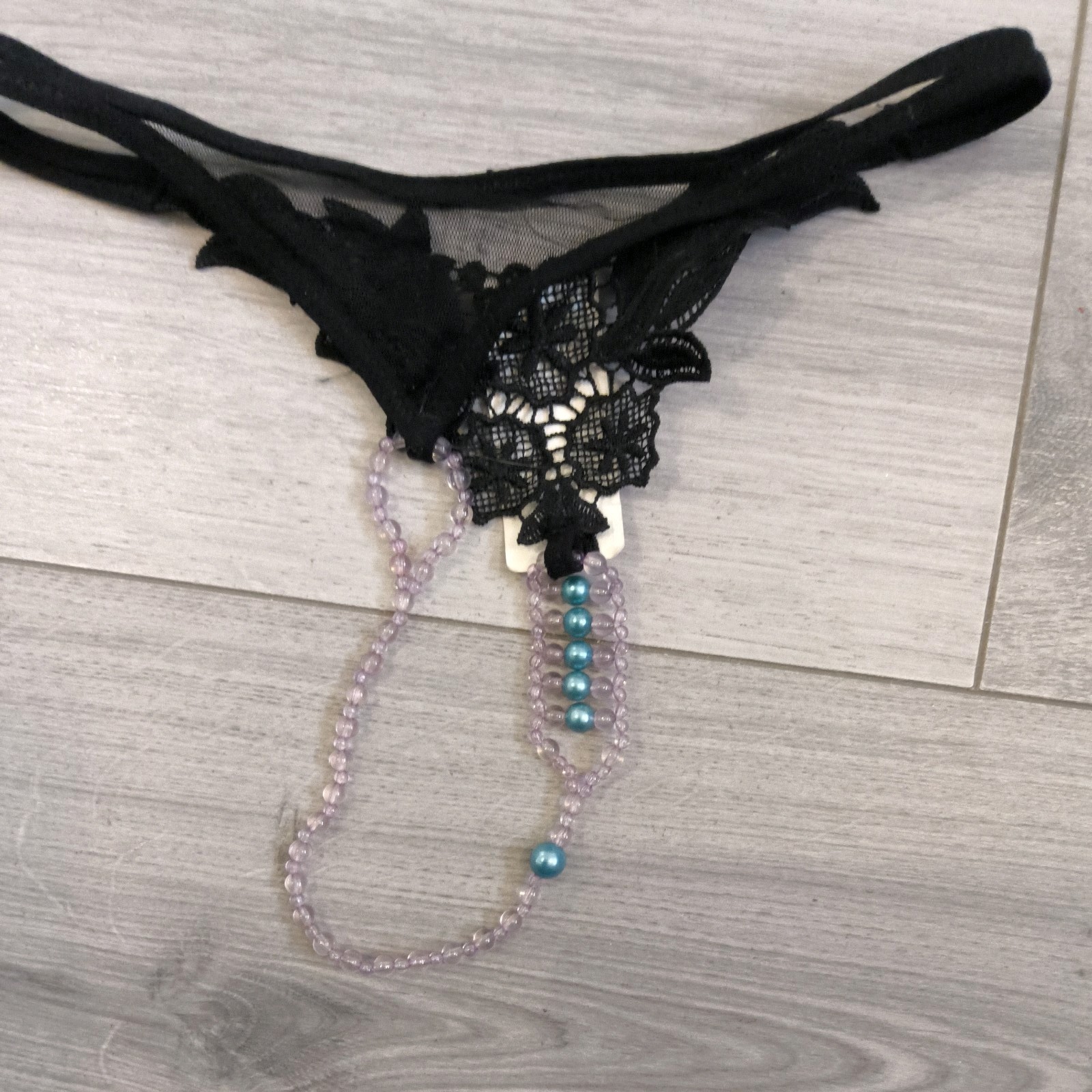 BNWT Bixtra Black Embroidered G String Thong Bead Chain Crotch Size 6-8