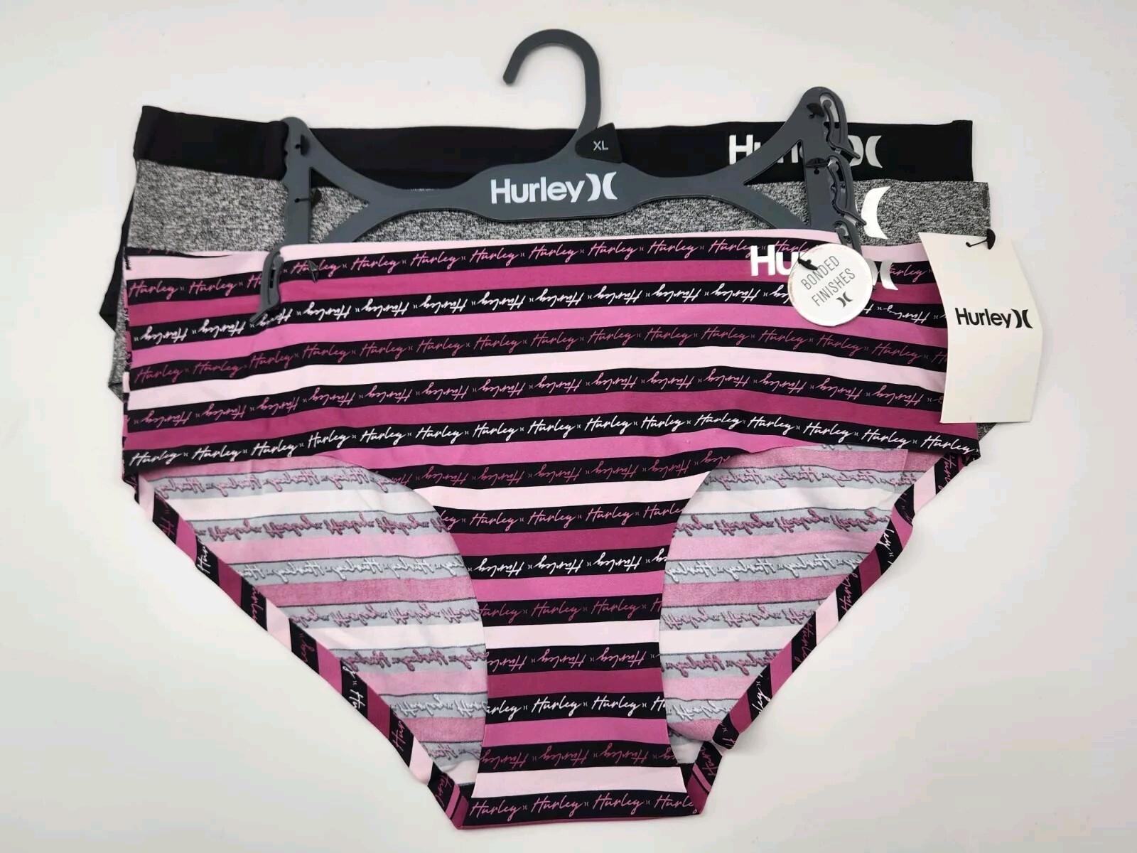 HURLEY 3 Pack Women’s L XL Bonded Finishes Panties Black Gray Pink Stripes