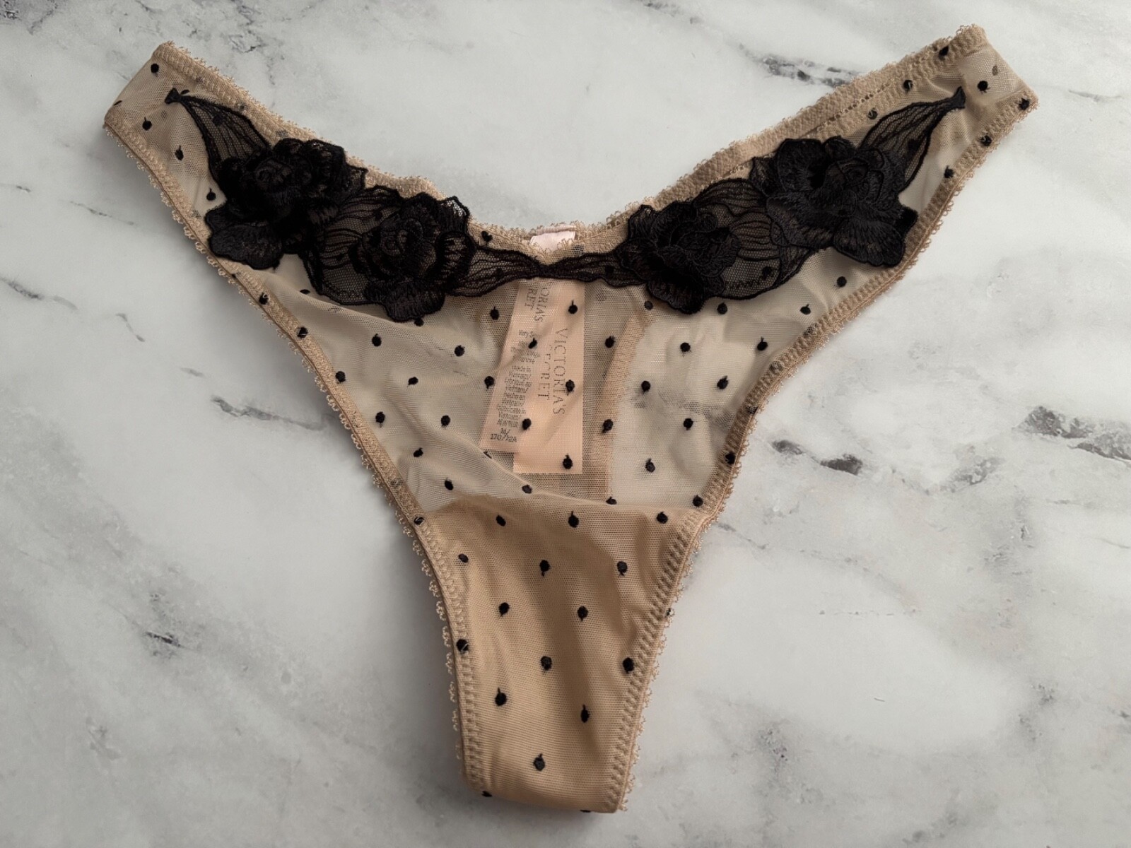 Victoria’s Secret Thong Panty Very Sexy Rose Praline Mesh Dot High Leg L XL