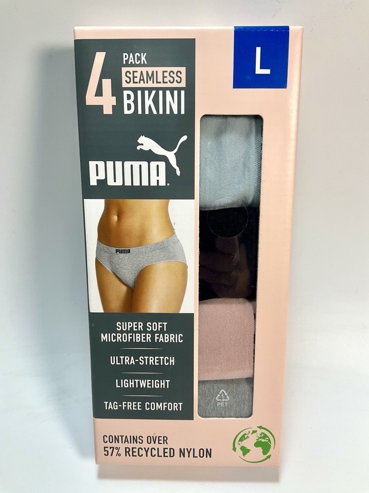 Puma Women’s 4-Pack Seamless Bikini Panties – Soft Ultra-Stretch, Size L