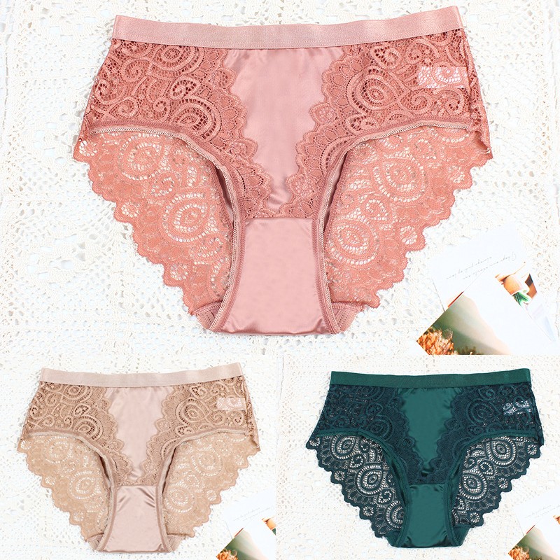 3 Pack Lot Sexy Womens Satin Panties Bikinis Lingeries Lace Underwear Briefs