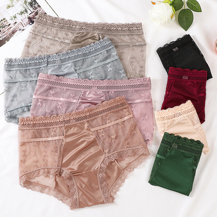 4 Pack Lot Sexy Womens Satin Panties Underwear High Waist Sheer Lace Lingeries