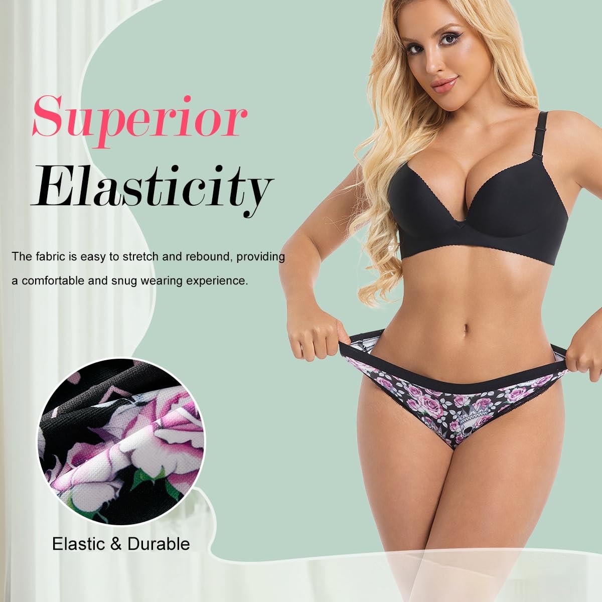 ELFFREYA Gothic Floral Print Thong Panties Set, 6 Pack, Skull Rose Pattern,