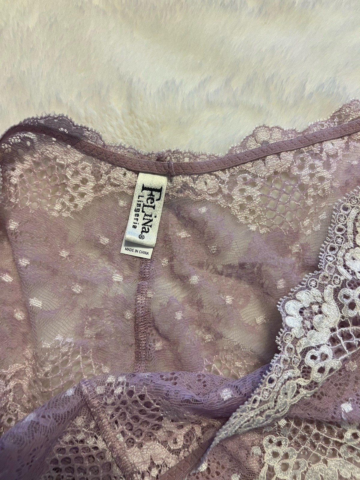 NWOT FELINA Intimates Ladies’ Lavender/White Lace; sz L; Beautiful and Sexy!