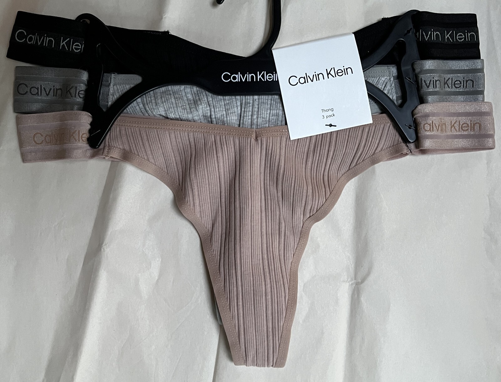 NWT CALVIN KLEIN 1 TAN 1 GRAY 1 BLACK THONG PANTY QP2943X MEDIUM $35