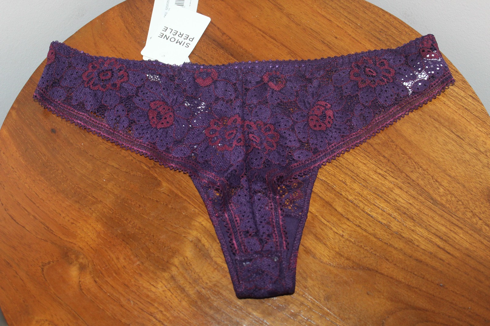 SIMON PERELE FESTIVE TANGA LACE EMBROIDERED FLORAL PURPLE BURGUNDY SIZE 3 (US M)