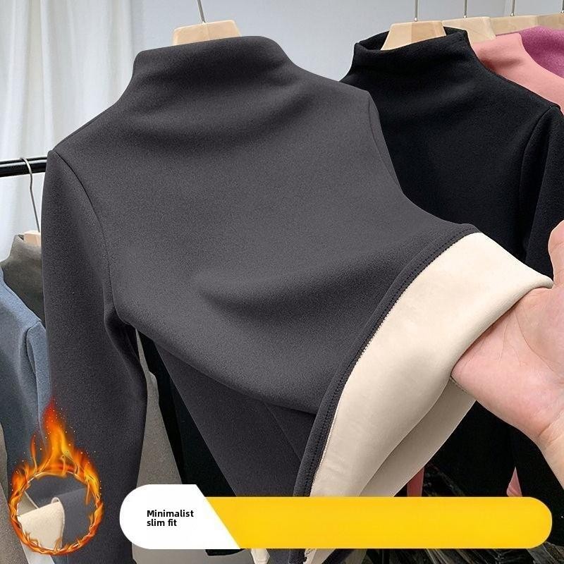 WomenThermalUnderwearWinterHalfHighCollarTopBottomShirtSolidWarmLayerSemiHigh